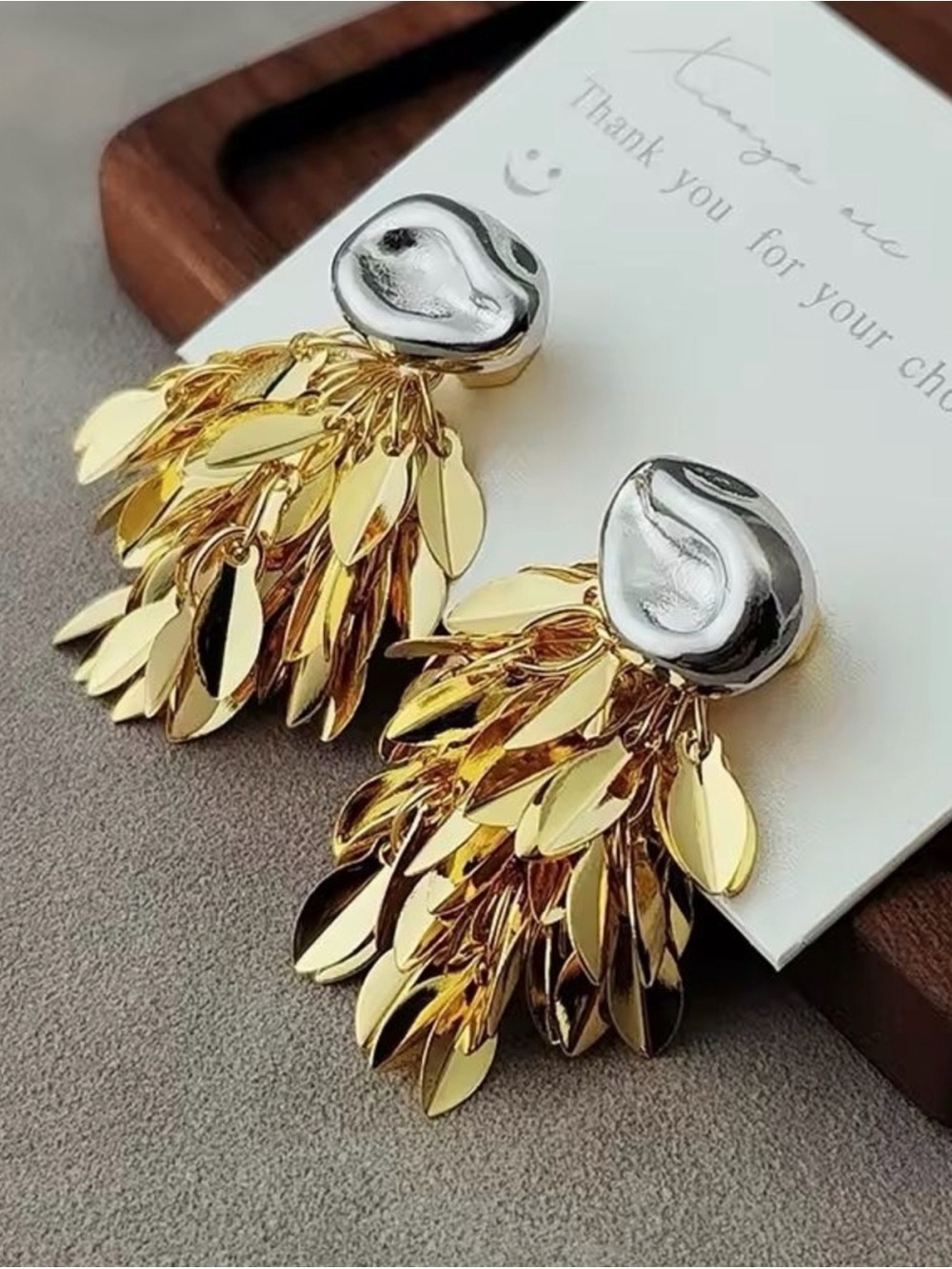 Gold and Silver Leaf Cluster Drop Earrings - Picture 10 of 11